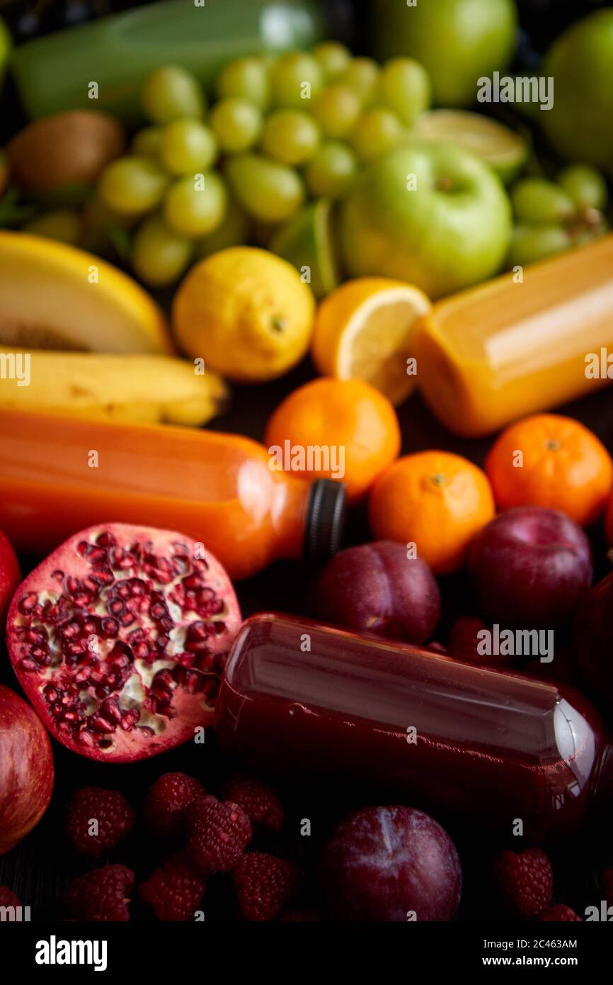Healthy food concept. Various mixed fruits, vegetables and juices