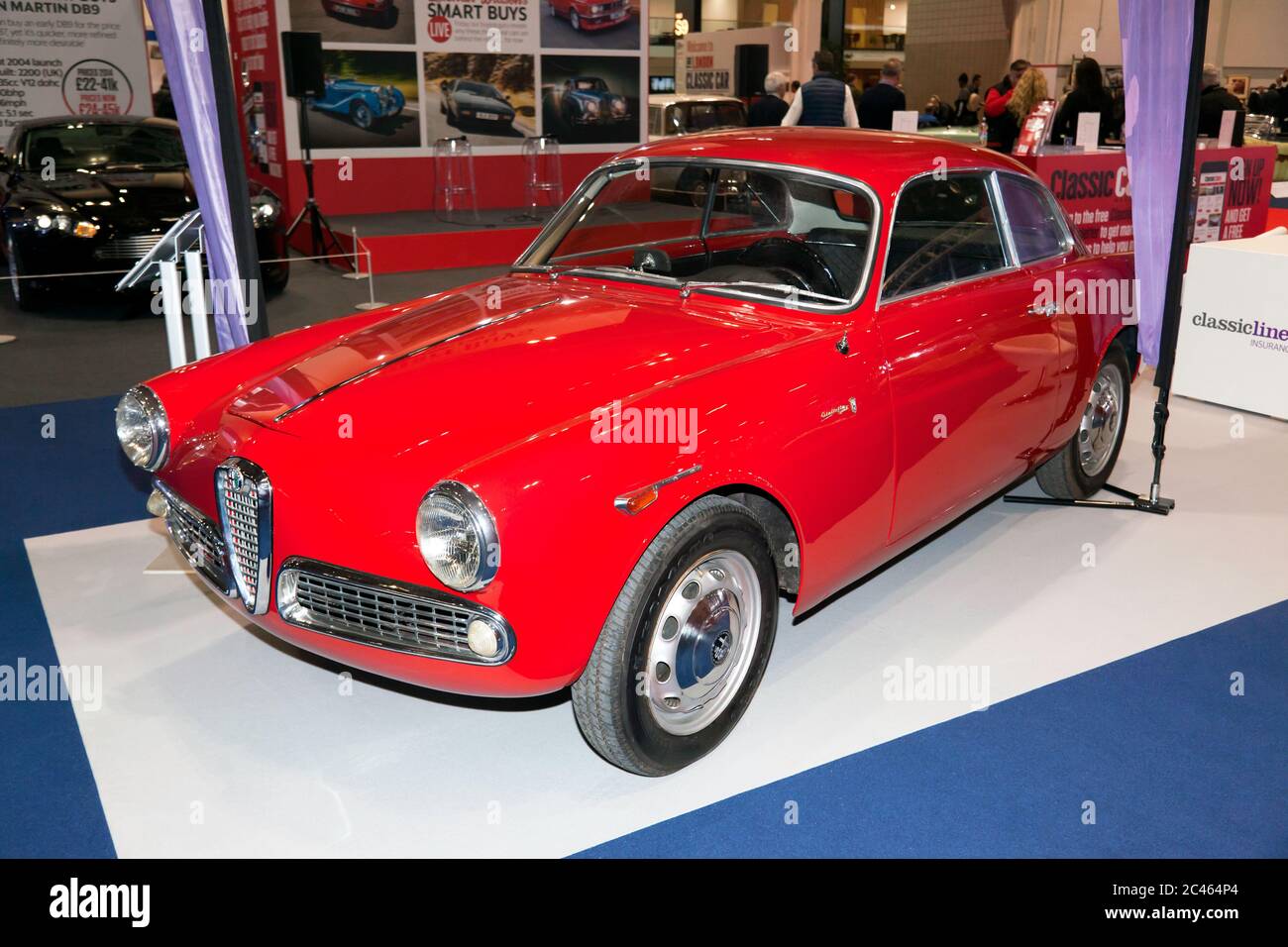 Three-Quarters Front View of a Red, 1959,  Alfa Romeo Giulietta Sprint. on display at the 2019 London Classic Car Show Stock Photo