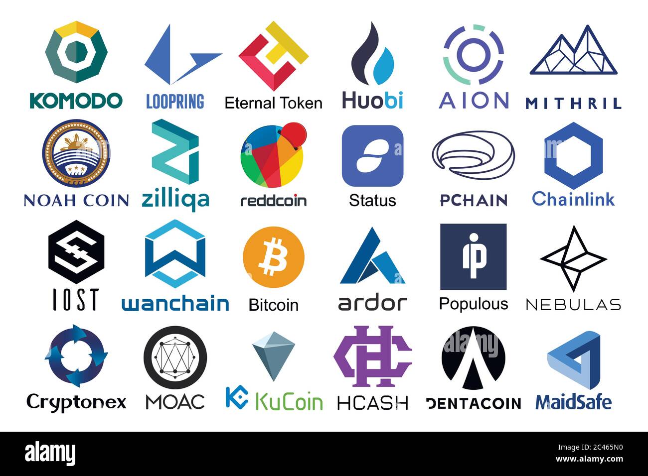 Set of logos popular cryptocurrencies with names of it, vector illustration Stock Vector