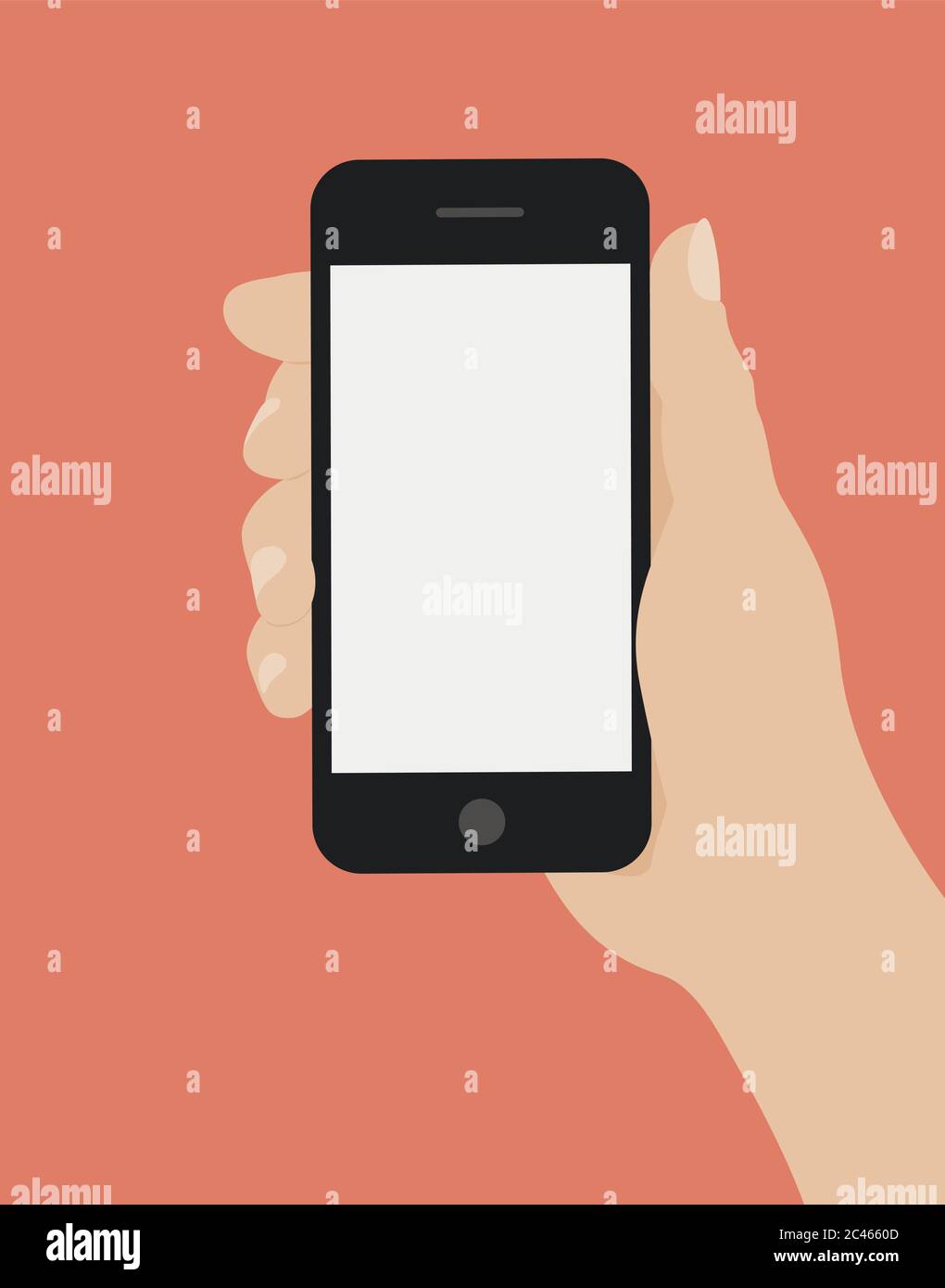 Hand holding smart phone on red background. Flat design vector illustration Stock Vector