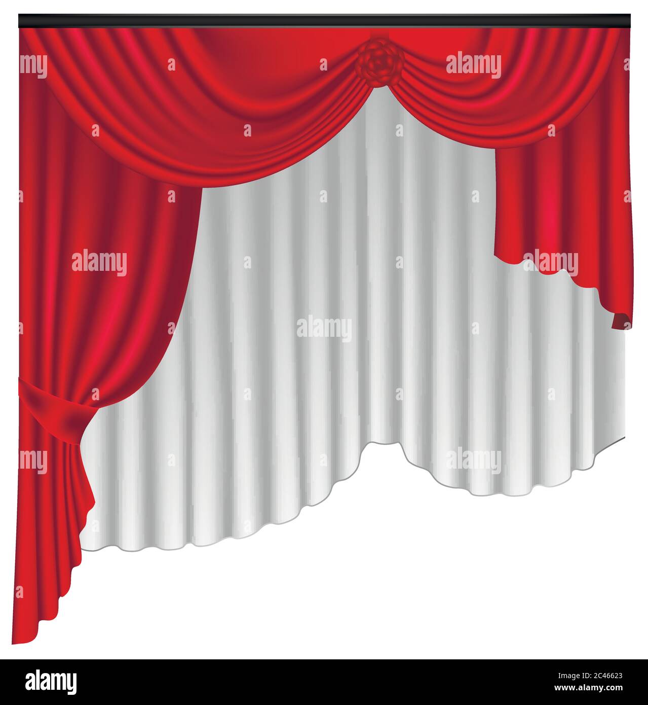 Red luxury curtains and draperies on white background, realistic vector illustration Stock Vector