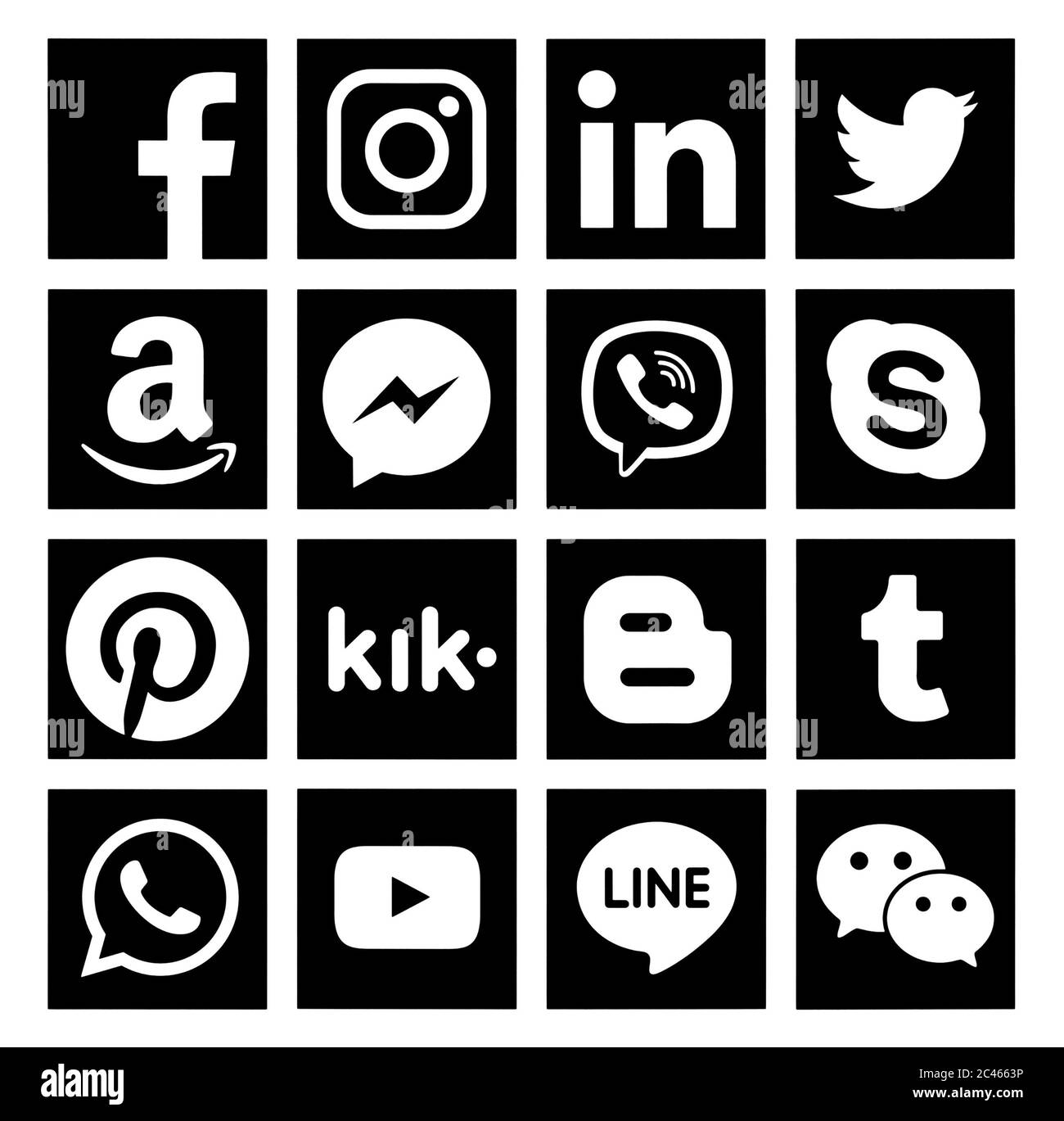 Kiev, Ukraine - March 11, 2019: Collection of popular social media black icons, printed on paper: Facebook, Twitter, Instagram, Pinterest, LinkedIn, T Stock Photo