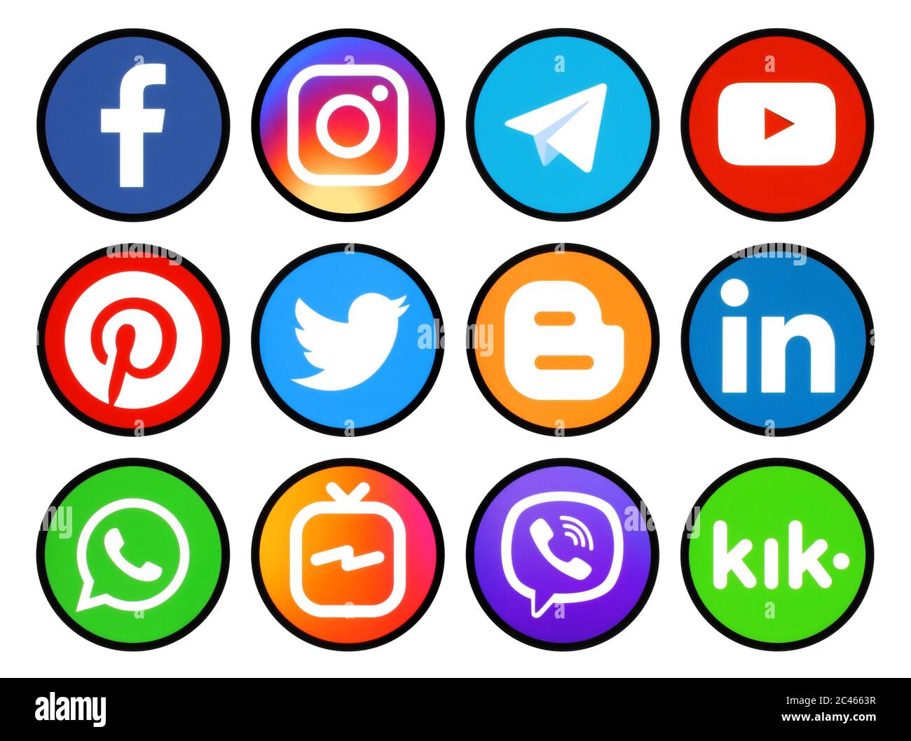 Kiev, Ukraine - March 11, 2019: Set of round icons with black rim of social media printed on paper: Pinterest, Twitter, Instagram, Facebook, LinkedIn, Stock Photo