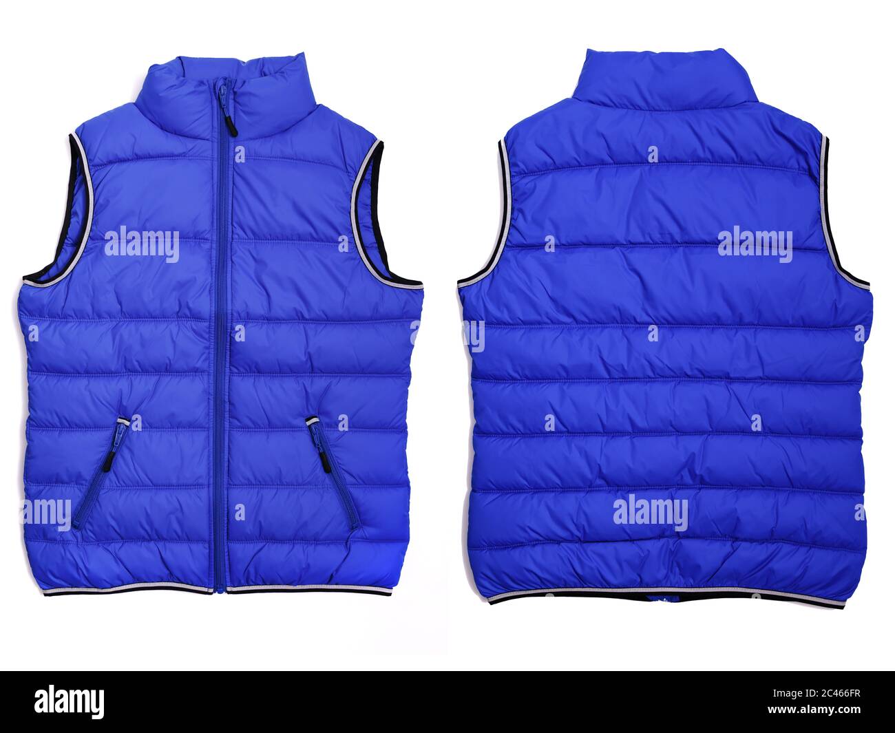 Female blue quilted vest isolated on white background. Mockup. Both sides Stock Photo