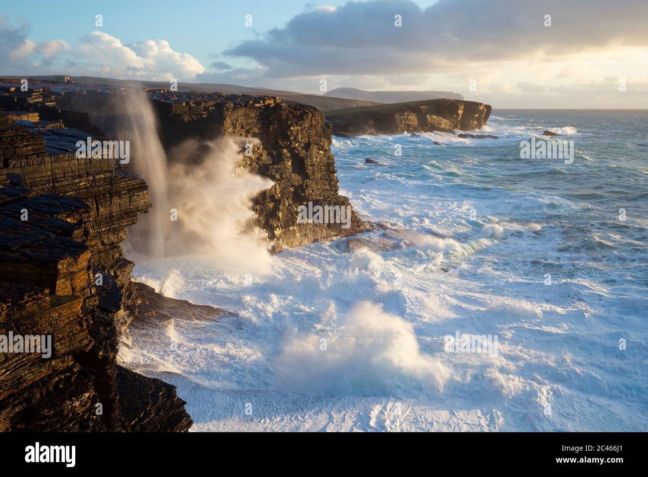 Yesnaby cliffs at a February sunset, Orkney isles Stock Photo