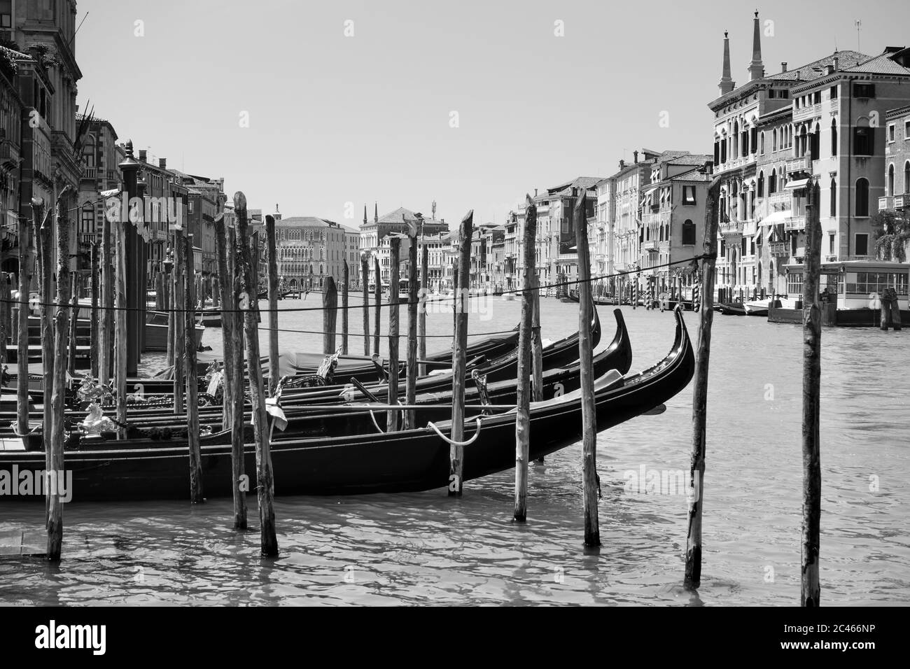 Gondolas on the Grand Canal in Venice, Italy. Black and white venetian view Stock Photo