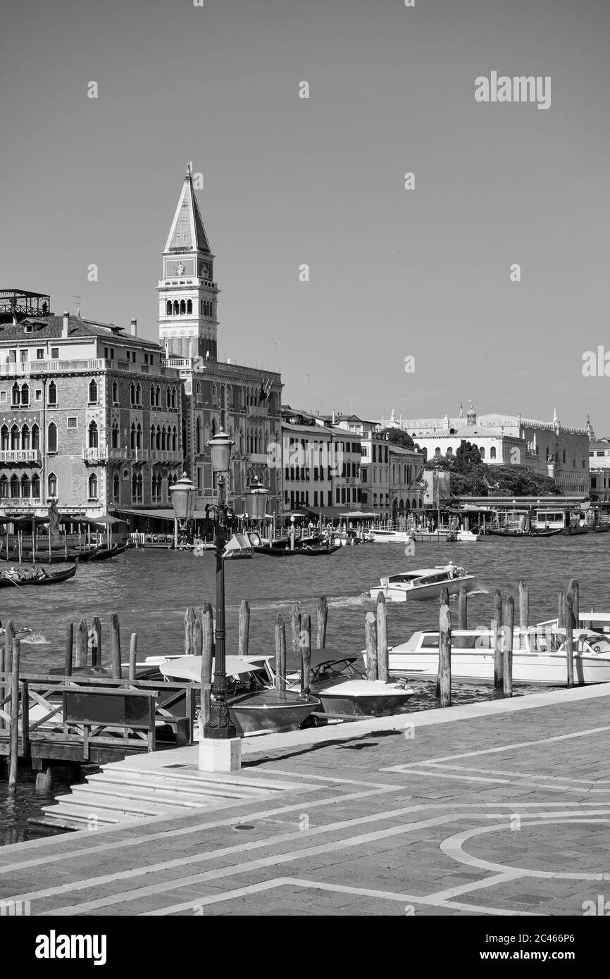 Waterfronts of the Grand Canal in Venice, Italy. Black and white venetian cityscape Stock Photo
