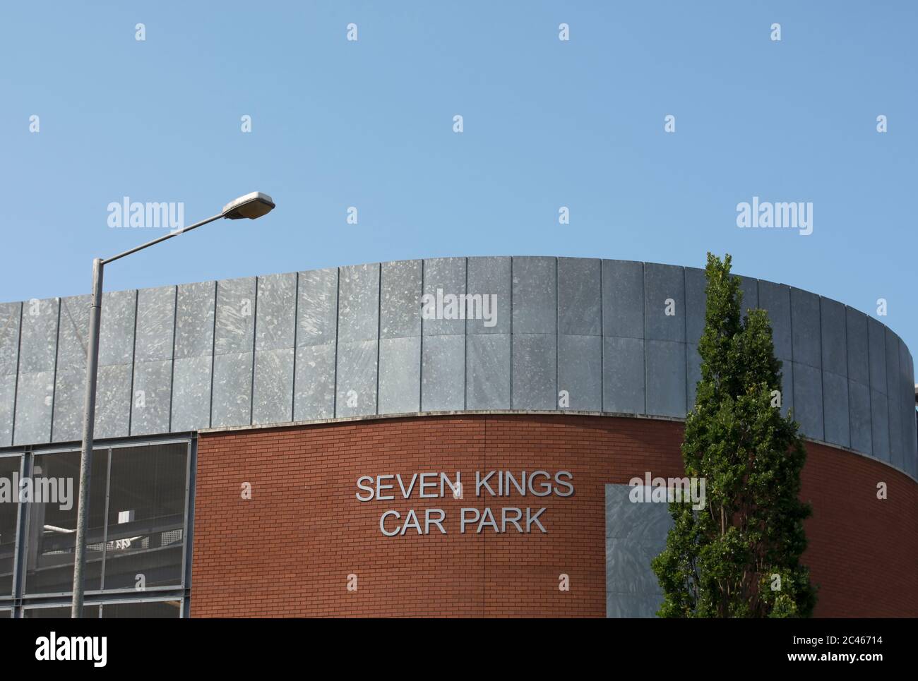exterior with name of seven kings multistorey car park in kingston upon thames, surrey, england