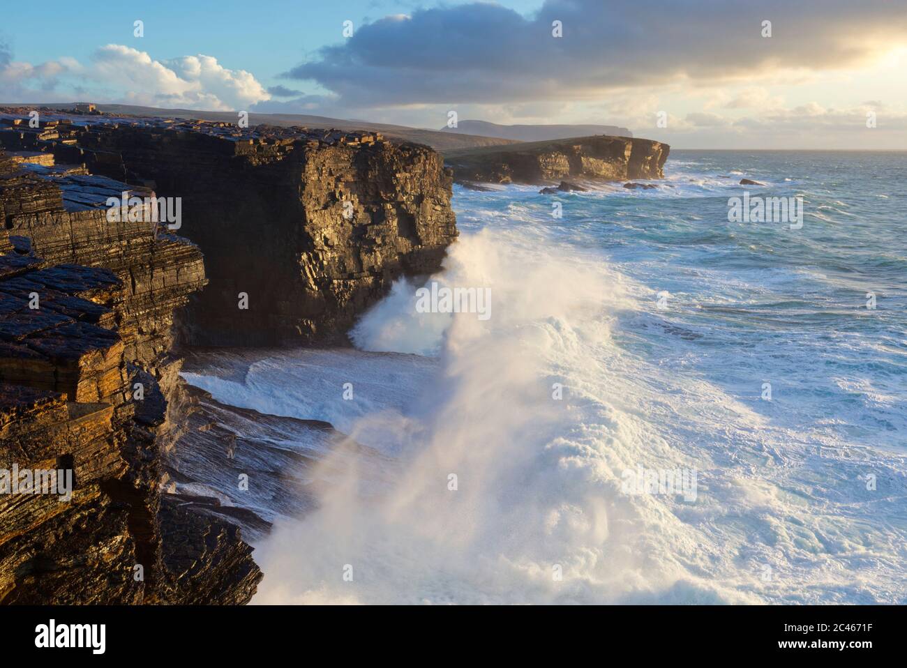 Yesnaby cliffs in westery gale, Orkney isles Stock Photo