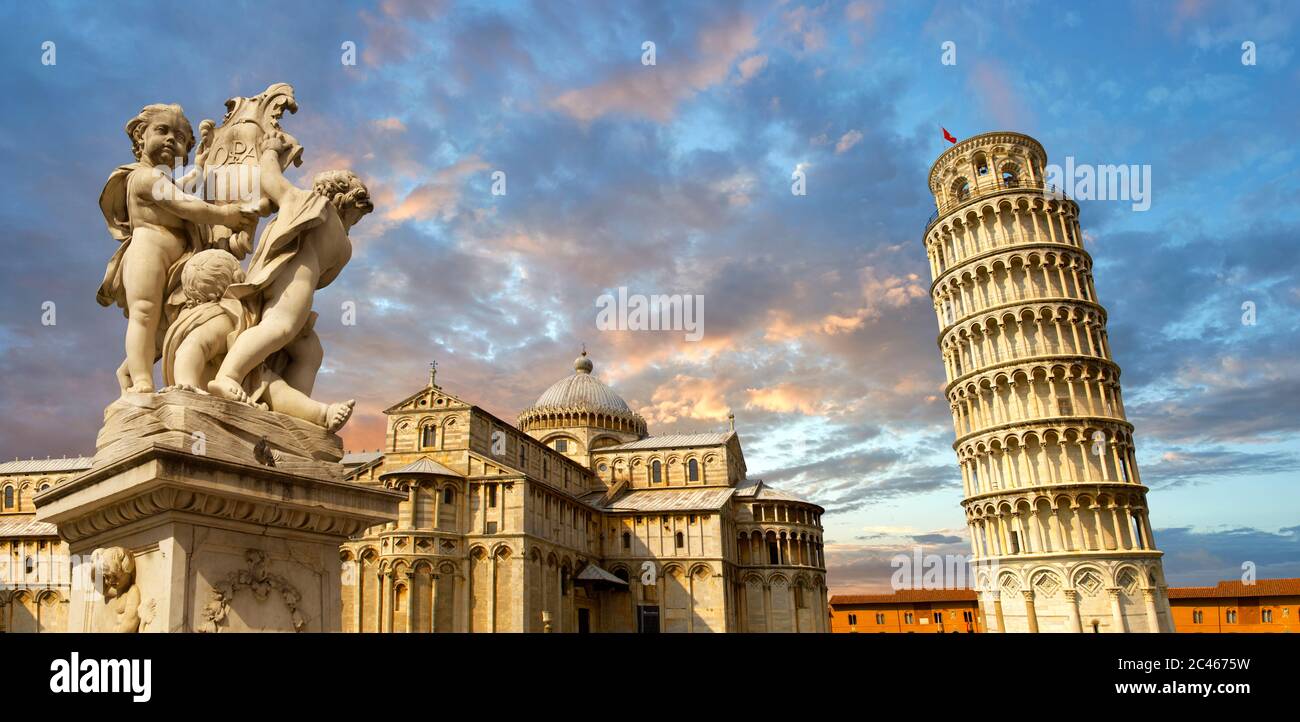 View of the Romanesque Leaning Tower of Pisa, the Bell tower, Piazza del Miracoli , Pisa, Italy Stock Photo