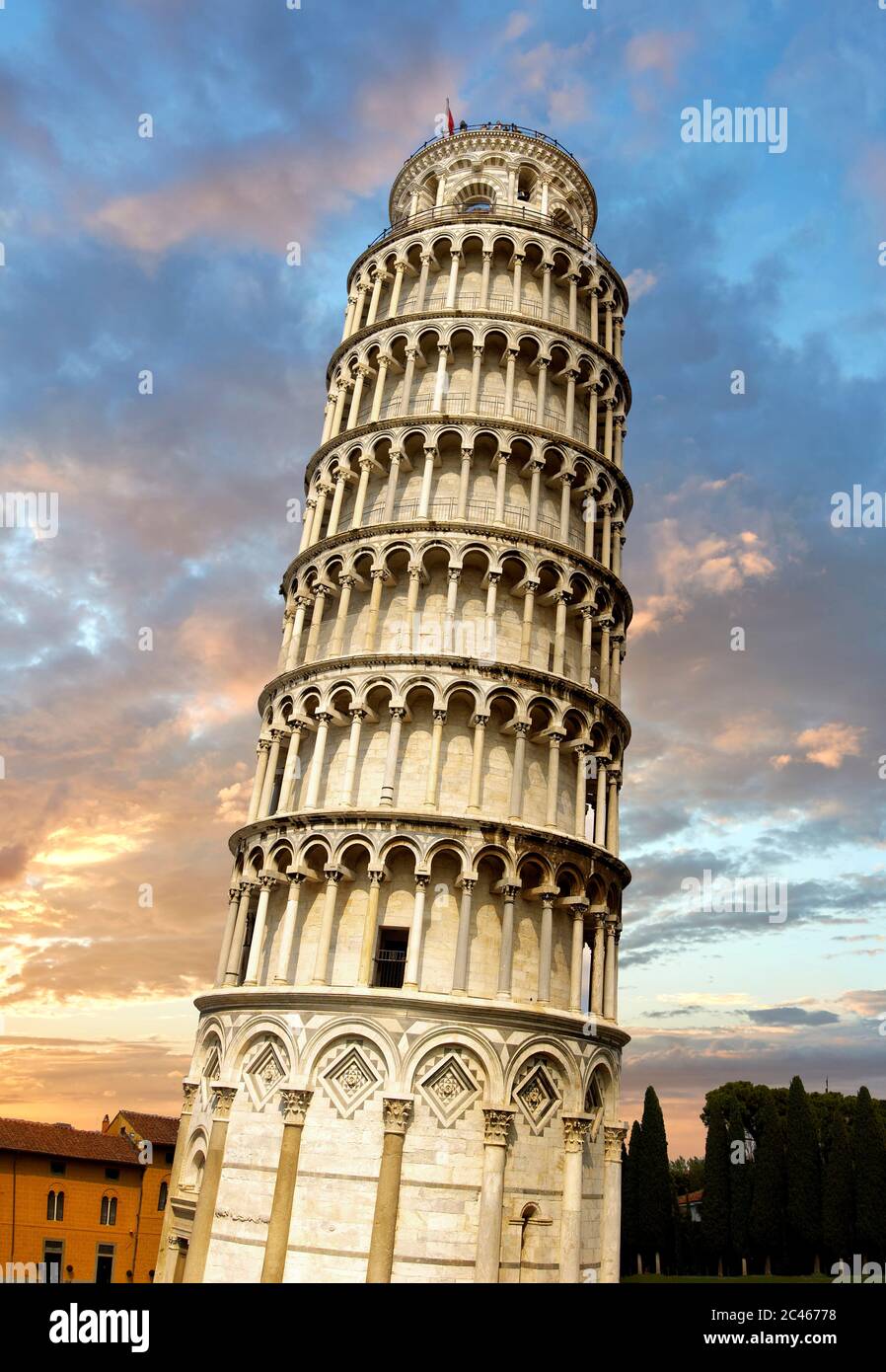 View of the Romanesque Leaning Tower of Pisa, the Bell tower, Piazza del Miracoli , Pisa, Italy Stock Photo