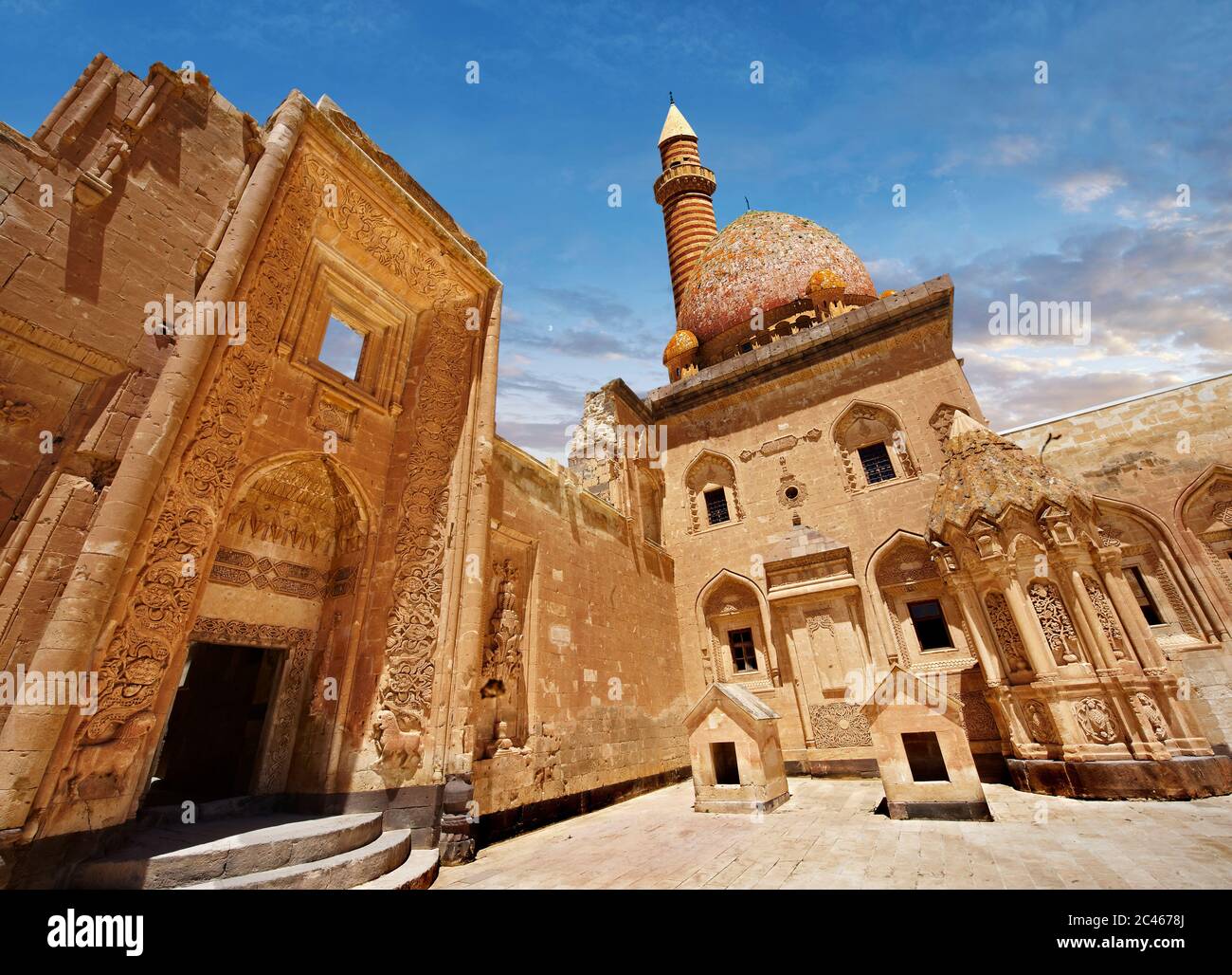 Courtyard of the 18th Century Ottoman architecture of the Ishak Pasha Palace (Turkish: İshak Paşa Sarayı) , Ağrı province of eastern Turkey. Stock Photo