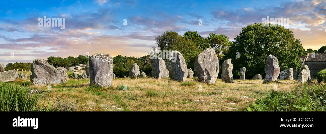 View of Carnac neolthic standing stones monaliths, a pre-Celtic site of standing stones used from 4500 to 2000 BC, Stock Photo