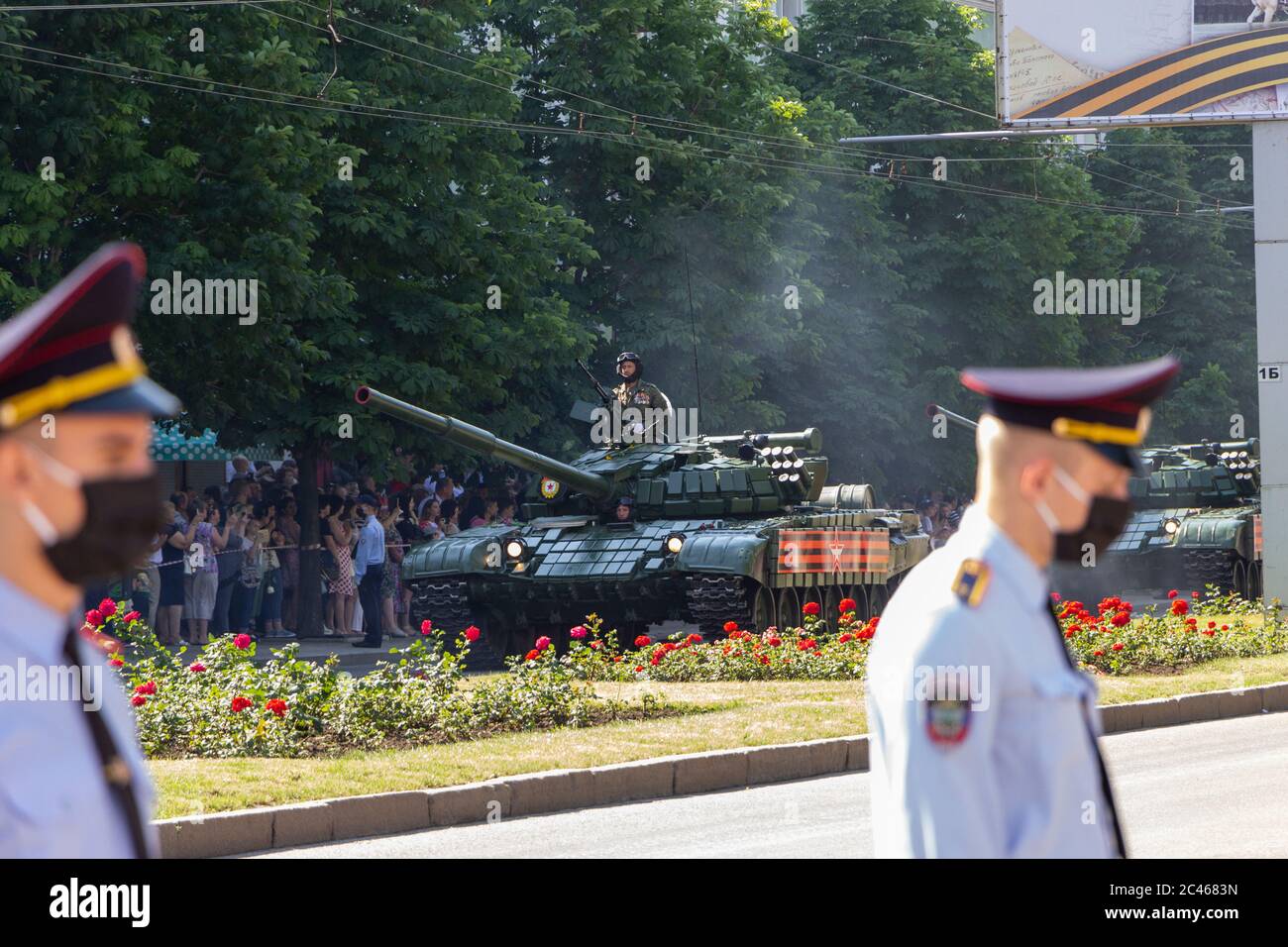 Donetsk, Donetsk People Republic, Ukraine - June 24, 2020: Armored heavy Soviet tanks move along the main street of the city during the Victory Parade Stock Photo