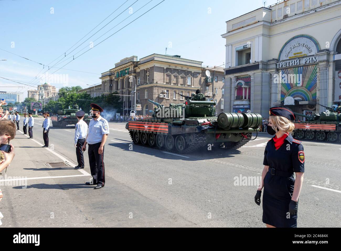 Donetsk, Donetsk People Republic, Ukraine - June 24, 2020: Armored heavy Soviet tanks move along the main street of the city during the Victory Parade Stock Photo