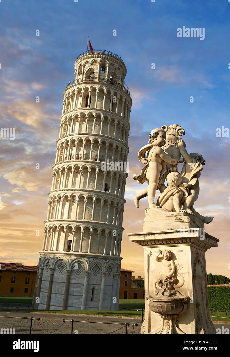 View of the Romanesque Leaning Tower of Pisa, the Bell tower sunset, Piazza del Miracoli , Pisa, Italy Stock Photo