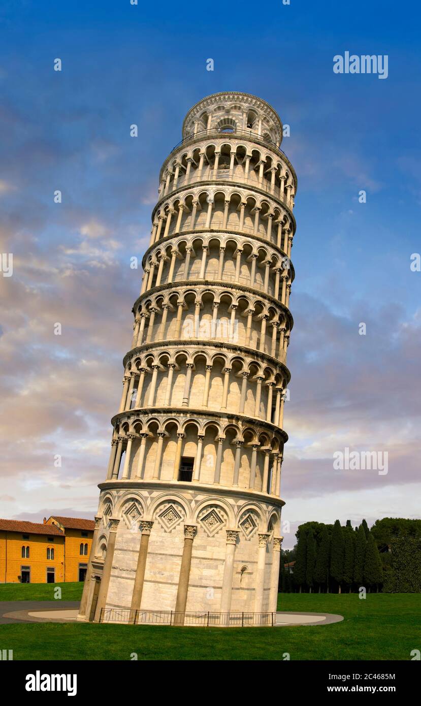 View of the Romanesque Leaning Tower of Pisa, the Bell tower, Piazza del Miracoli , Pisa, Italy Stock Photo