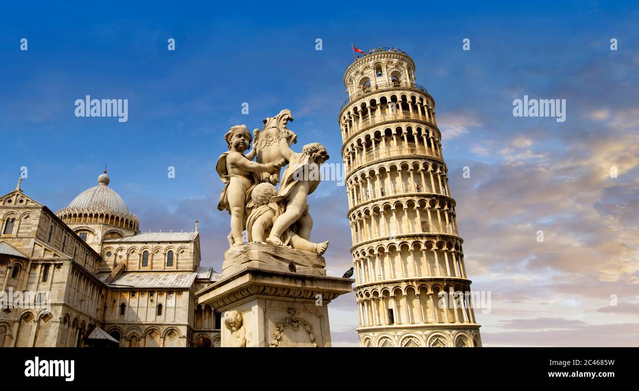 View of the Romanesque Leaning Tower of Pisa, the Bell tower, Piazza del Miracoli , Pisa, Italy Stock Photo