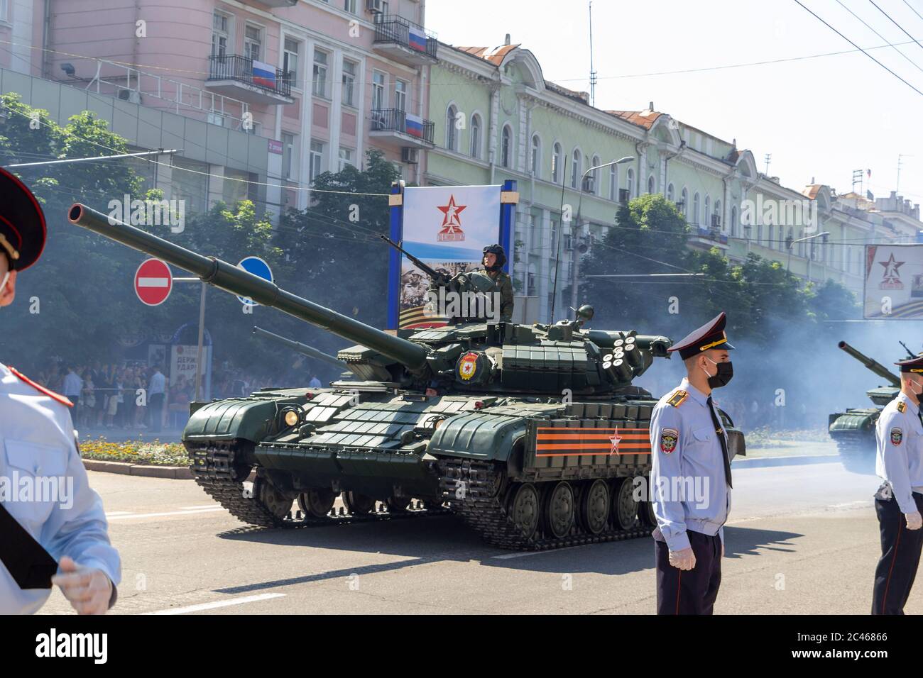 Donetsk, Donetsk People Republic, Ukraine - June 24, 2020: Armored heavy Soviet tanks move along the main street of the city during the Victory Parade Stock Photo