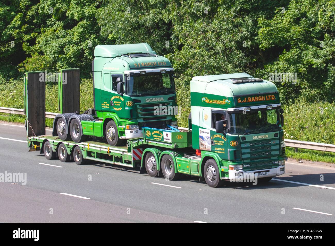 S J Bargh Ltd Haulage Delivery Trucks Lorry Transportation Truck Vehicle Carrier Trailer Scania Vehicle European Commercial Transport Industry Hgv M6 At Manchester Uk Stock Photo Alamy