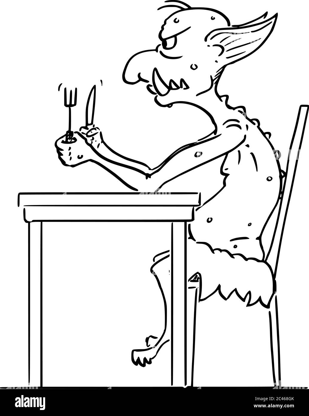 Vector cartoon stick figure drawing conceptual illustration of virtual Internet troll waiting for the food. Don't feed the troll. Stock Vector