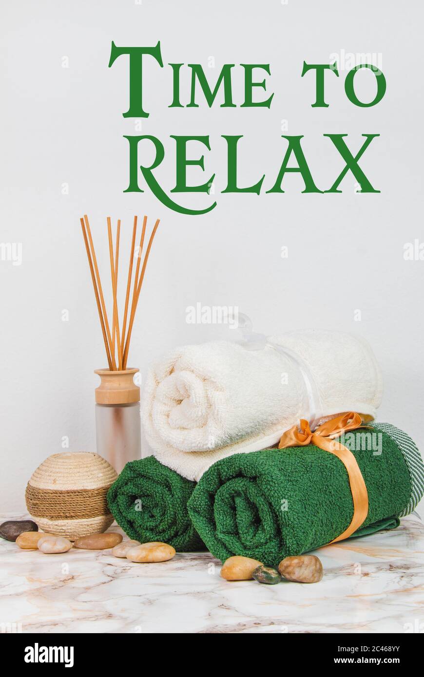 Spa objects and elements on a marble table and white background Stock Photo