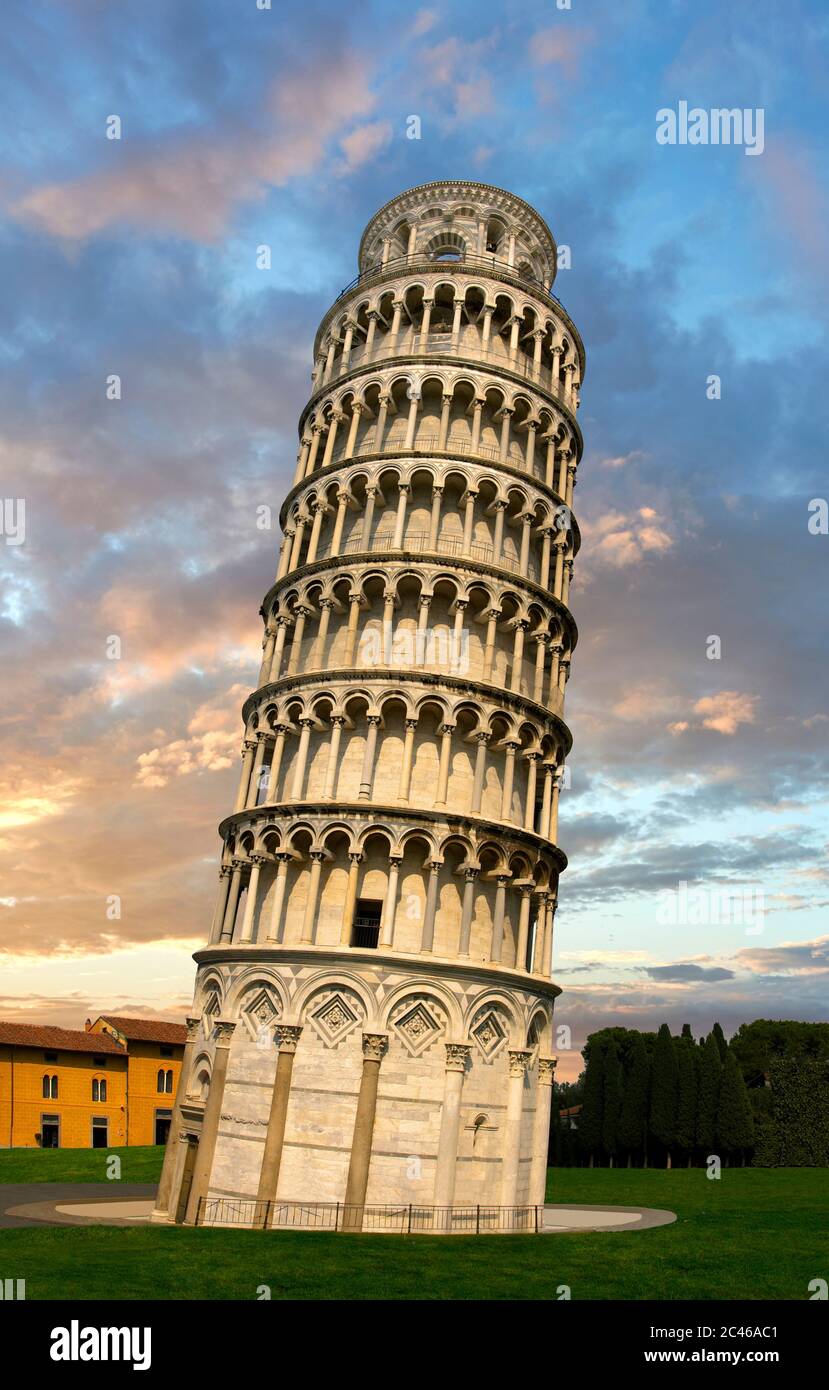 View of the Romanesque Leaning Tower of Pisa, the Bell tower, Piazza del Miracoli , Pisa, Italy Stock Photo