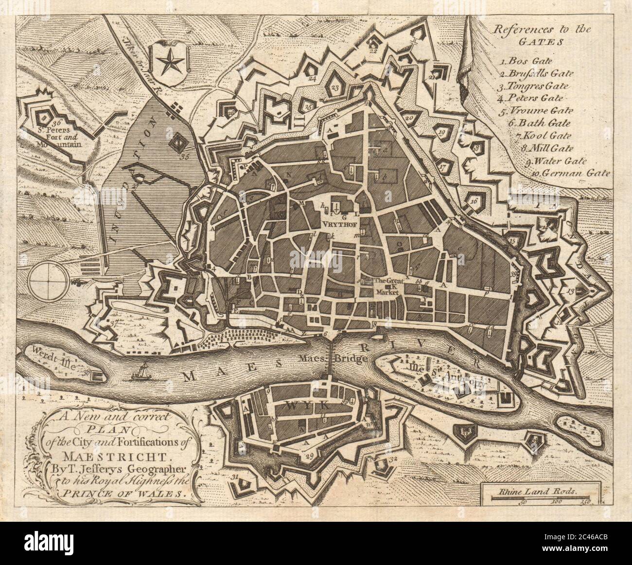 Plan of the city and fortifications of Maestricht. Maastricht. JEFFERYS 1748 map Stock Photo