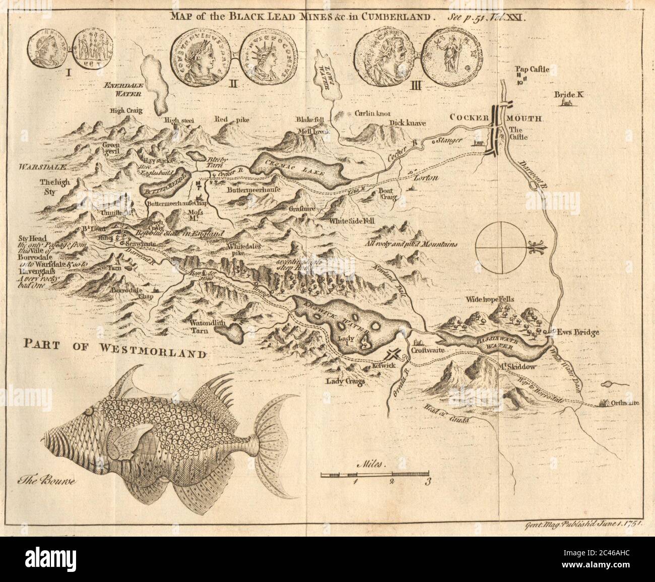 The Black Lead Mines in Cumberland. English Lake District. GENTS MAG 1751 map Stock Photo
