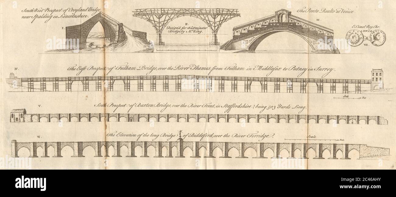 Bridges. Croyland Westminster Putney Burton Bideford Ponte Realto, Venice 1751 Stock Photo