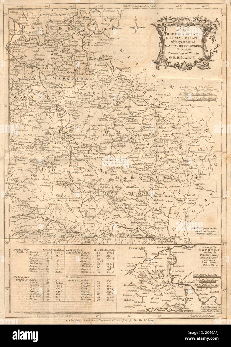 Bohemia, Moravia, Silesia, Lussatia…. Saxony Brandenburg. GENTS MAG 1756 map Stock Photo