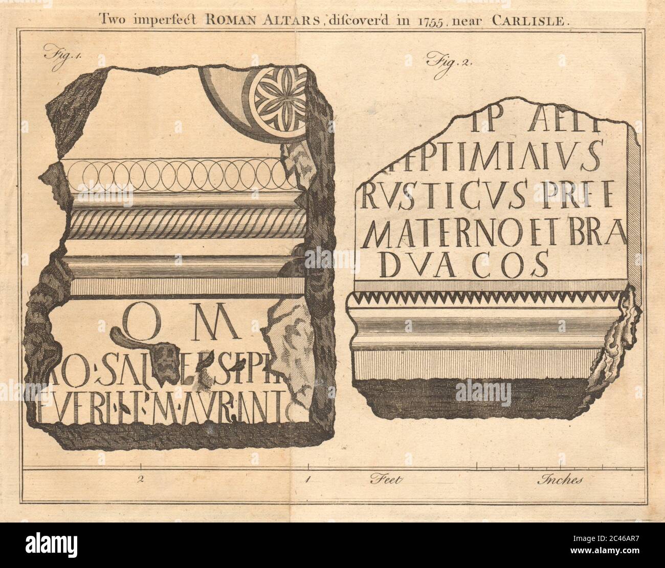 Two Roman Altars, discovered in 1755 near Old Carlisle, Cumbria 1757 print Stock Photo