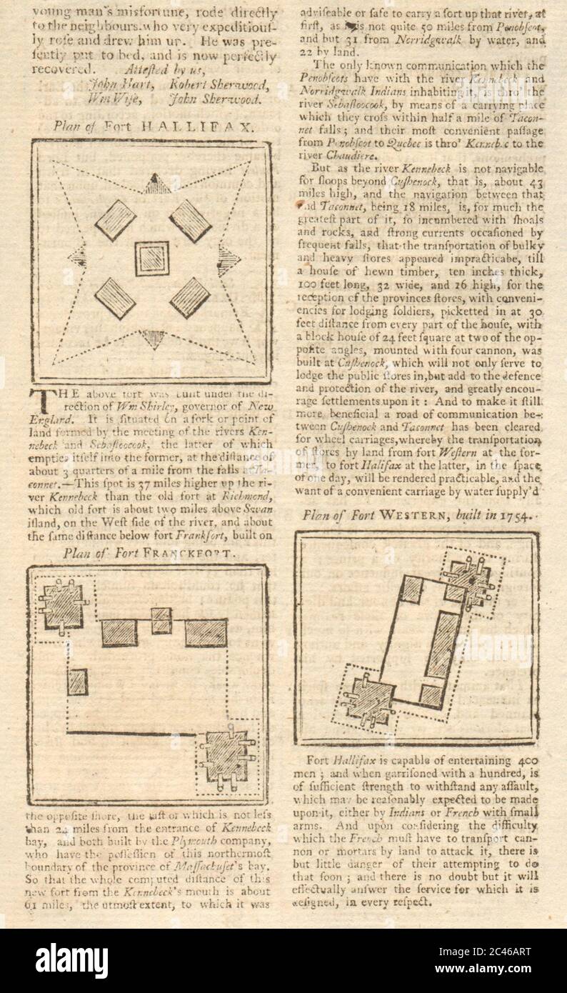 Forts Shirley (or Frankfort), Western & Halifax. Kennebec River, Maine 1755 map Stock Photo