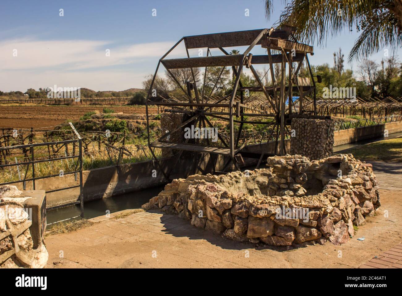 The Persian waterwheel at Keimoes, South Africa, used for irrigation of the adjacent vineyards, Stock Photo