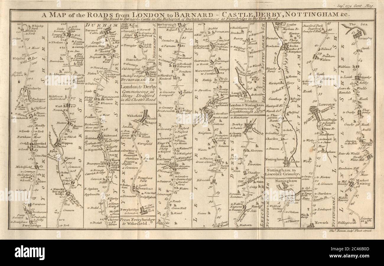 East Midlands & Yorkshire road strip map. Derby Ripon Grimsby. BOWEN 1774 Stock Photo