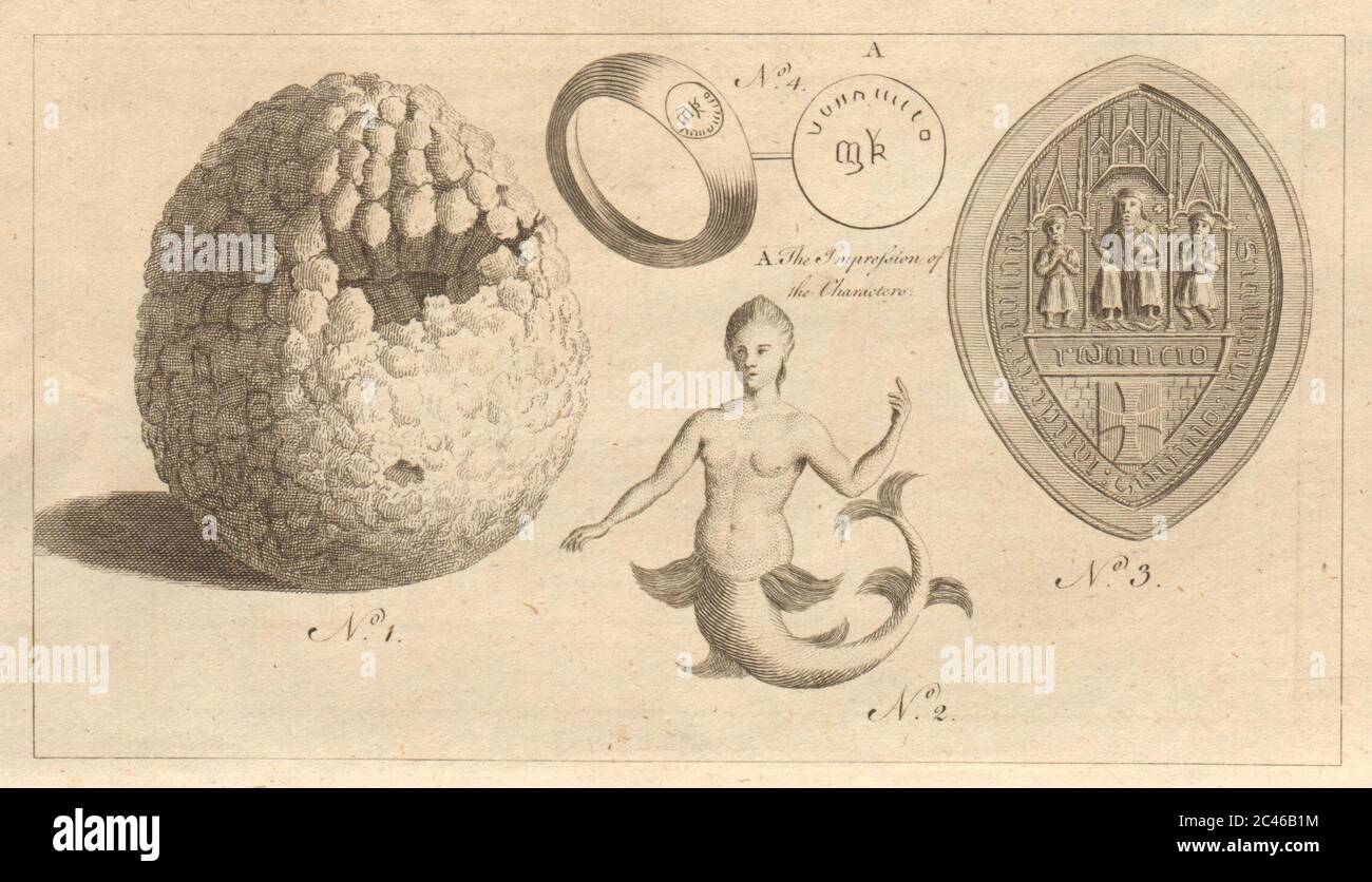 Mermaid exhibited in London 1775. Horse gall stone. Ingham Priory seal 1775 Stock Photo