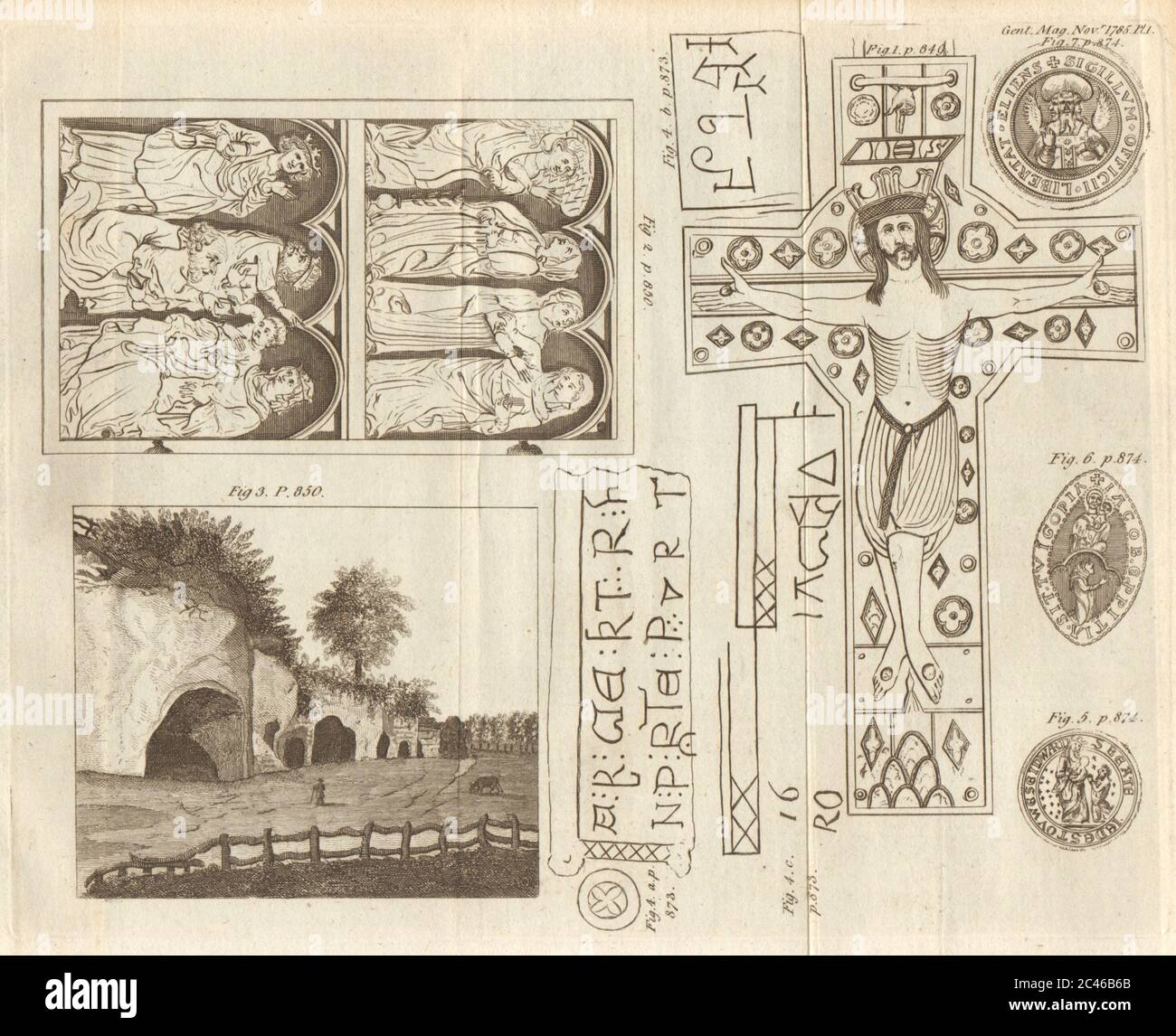 Crucifix. Nottingham caverns. Kirkby-over-Carr church. Edwardstow 1785 print Stock Photo