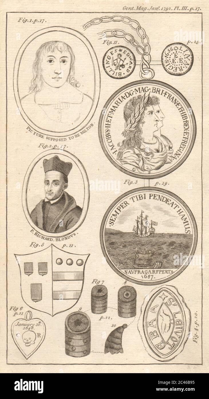 Milton. Richard Blond. James II. Lewote Baa. James Hayes. Charles I 1792 print Stock Photo