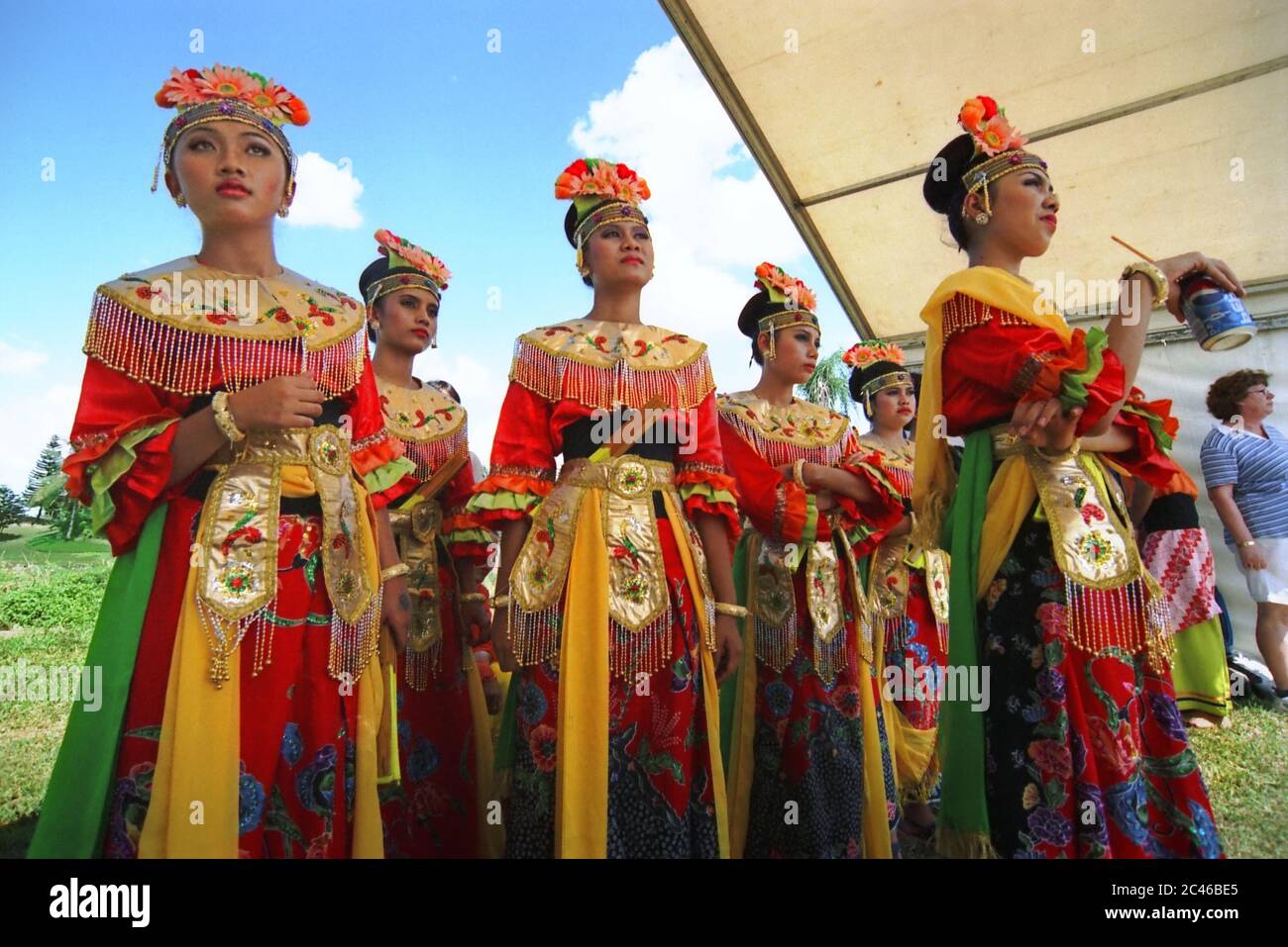 Women dancers waiting at backstage for show time, during the 2004 Jakarta Highland Gathering in Karawaci, Banten province, Indonesia. Stock Photo