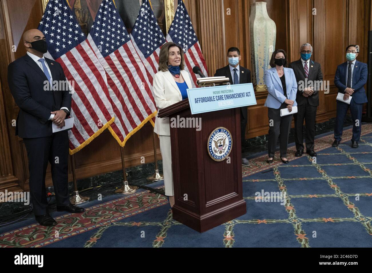 Washington, United States. 24th June, 2020. Speaker of the House Nancy Pelosi, D-Calif., speaks at a news conference about the 'Patient Protection and Affordable Care Enhancement Act,' at the U.S. Capitol on Wednesday, June 24, 2020. The bill will lower health costs and prescription drug prices with an emphasis on helping those struggling with the coronavirus pandemic. Photo by Sarah Silbiger/UPI Credit: UPI/Alamy Live News Stock Photo