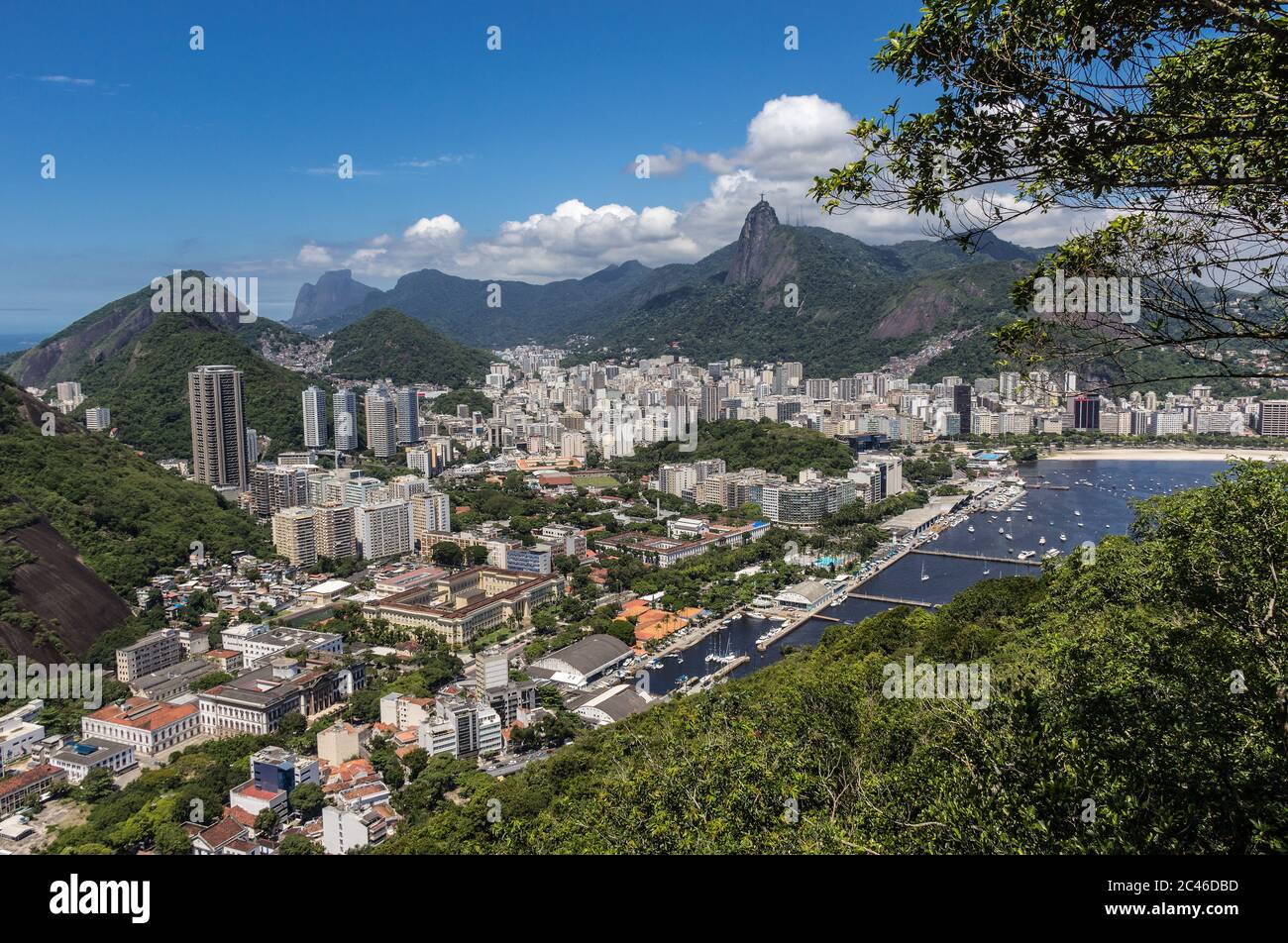 Rio de Janeiro, Brazil - Botafogo neighborhood, Rio de Janeiro Yacht Club and the famous statue of Christ the Redeemer in the distance Stock Photo