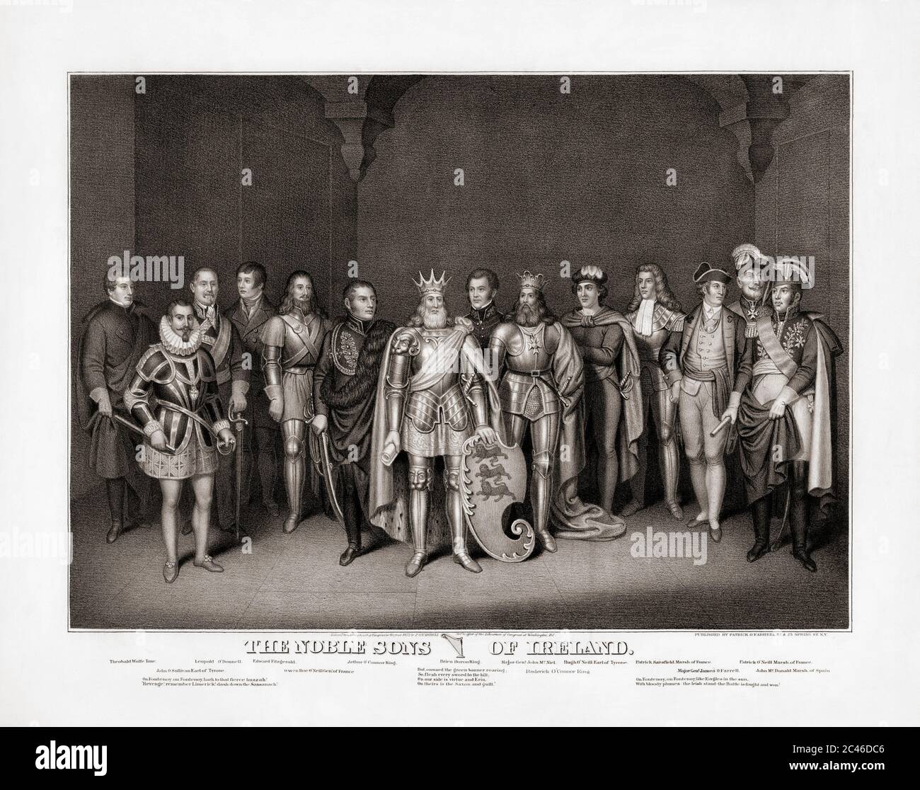 The Noble Sons of Ireland.  After a print published in New York, 1873.  The picture shows prominent Irishmen through the ages each dressed in clothes of his era.  The people shown include King Brian Boru, Hugh O'Neill the Earl of Tyrone and Wolfe Tone, Stock Photo