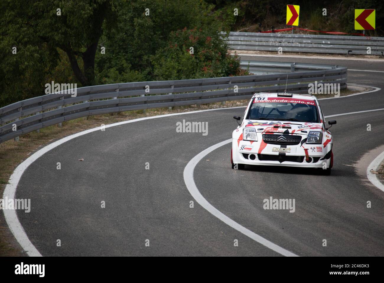 Skradin Croatia, June 2020 Racing Citroen C3 going uphill on a hillclimb, painted in arctic tiger red white camo Stock Photo