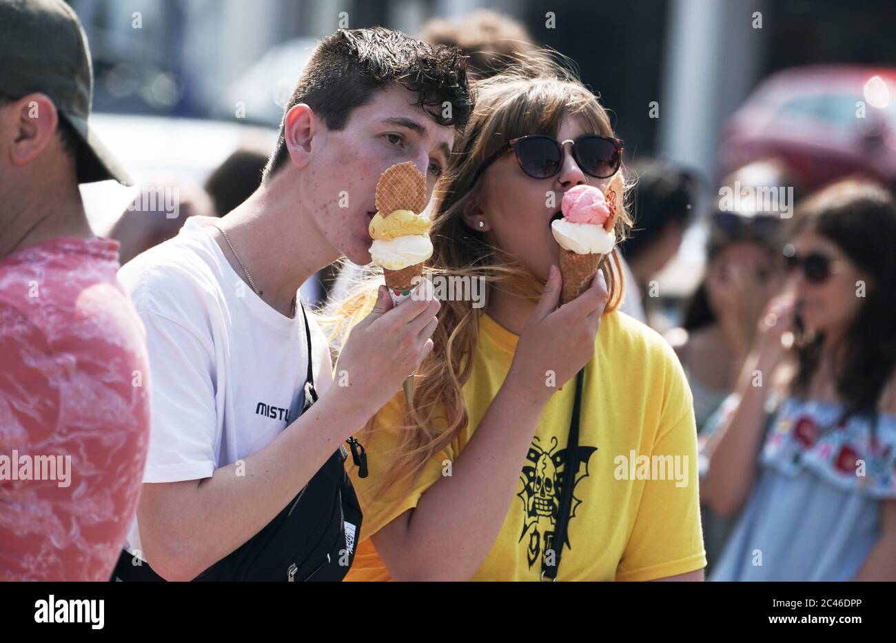 People eating icecream in Whitley Bay, during officially the hottest