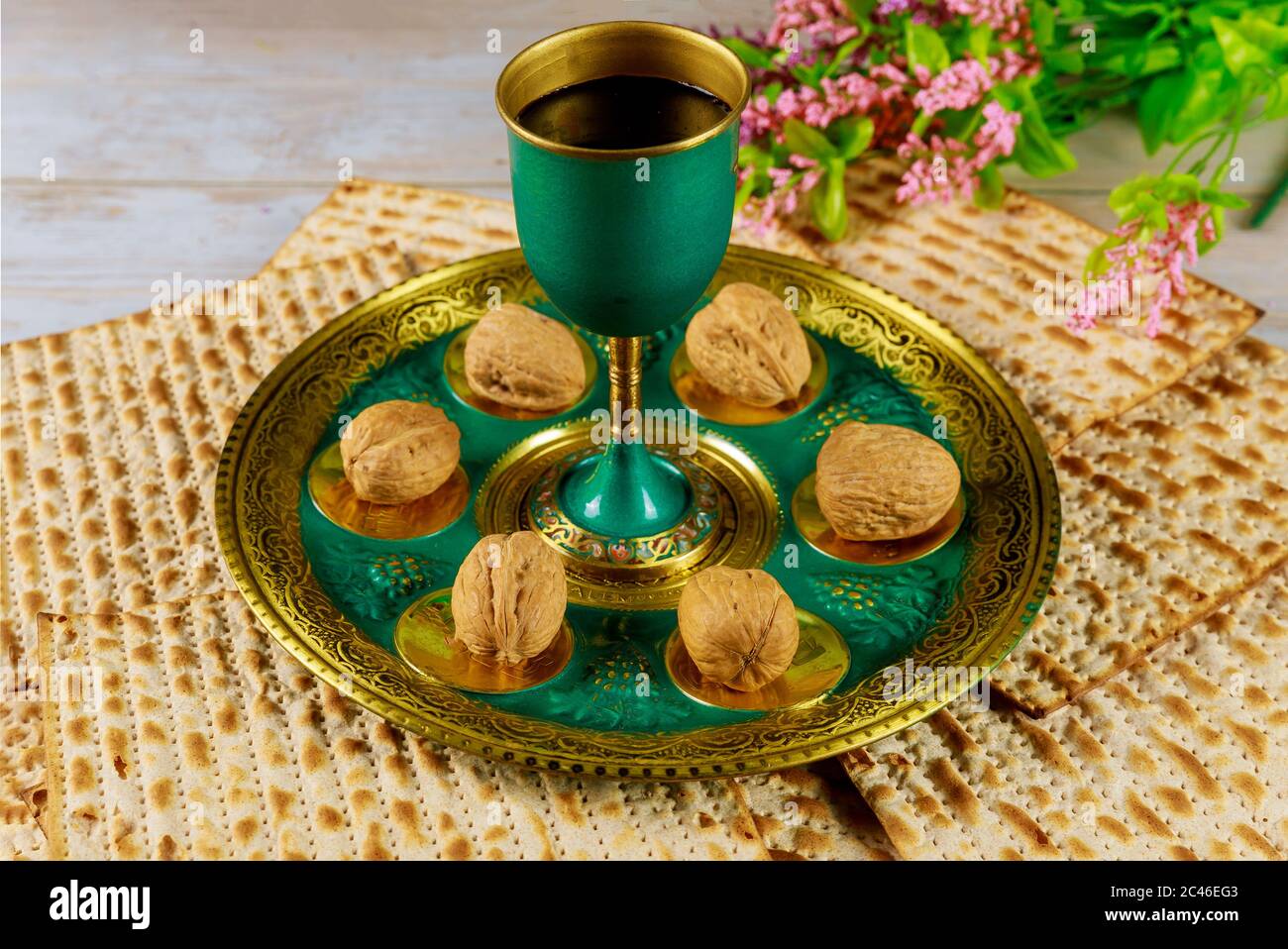 Jewish matzah, kiddush and seder with whole walnuts. Passover concept