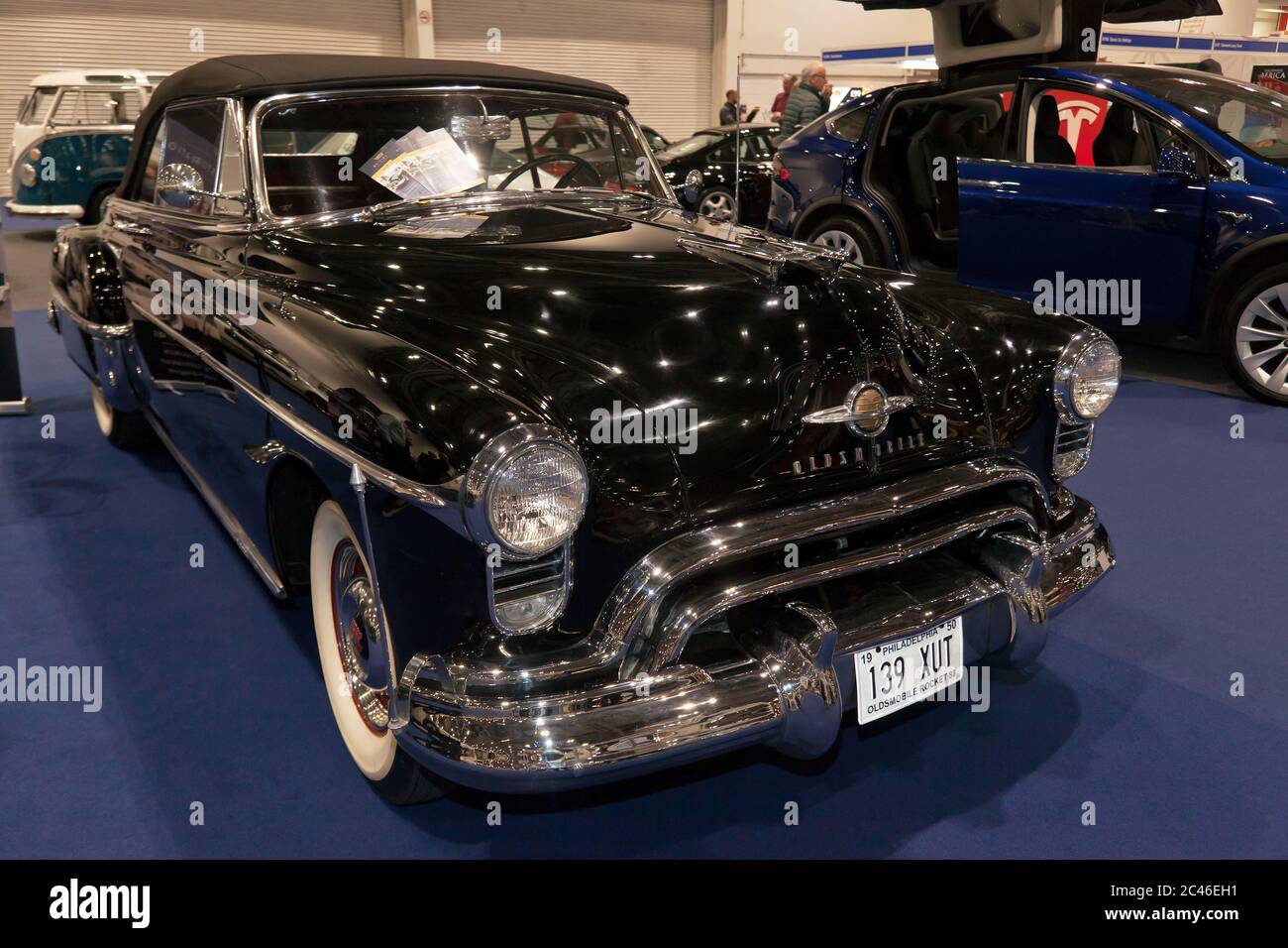 Three-Quarters Front View of a Black, 1950, Oldsmobile Rocket 88, on display at the 2019 London Classic Car Show Stock Photo