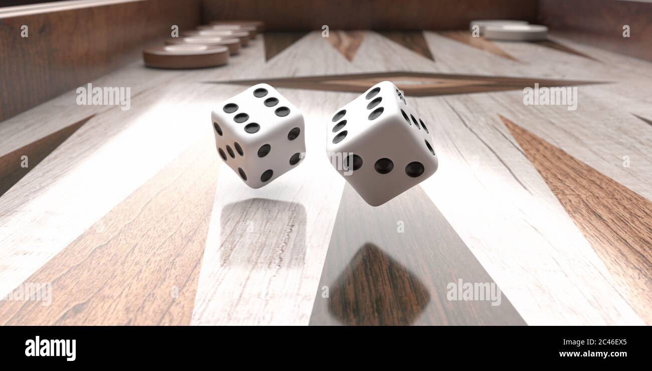 Backgammon, playing an ancient table game. Dice flying over a backgammon board. Rolling dice closeup, strategy and luck, leisure, entertainment concep Stock Photo