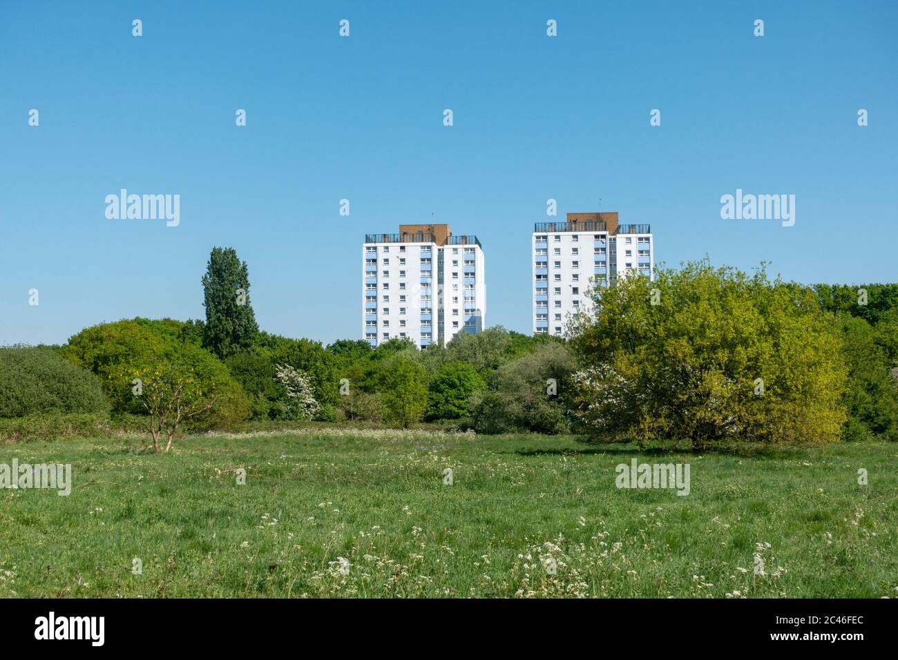 General view towards the towers of Hounslow Heath Estate (Slade House (L) and Jamieson House (R) of Hounslow Heath, London, UK. Stock Photo