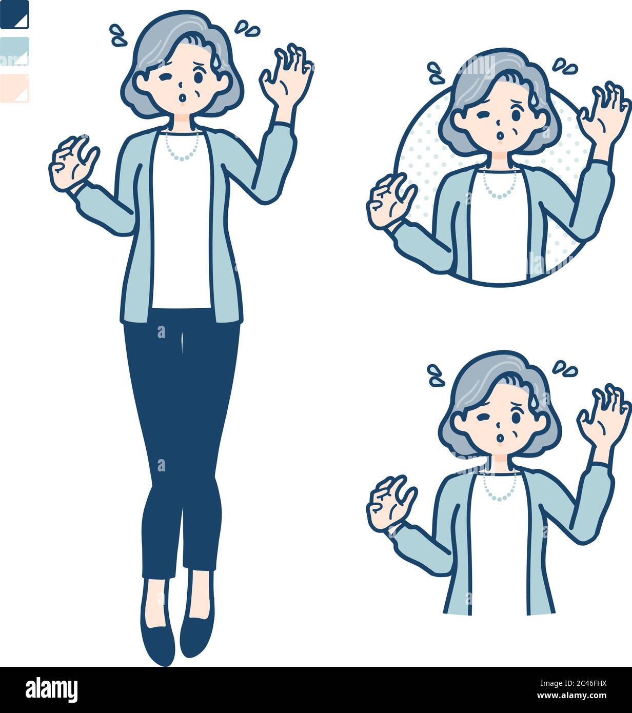Senior woman in a suit with panic images. It's vector art so it's easy to edit. Stock Vector