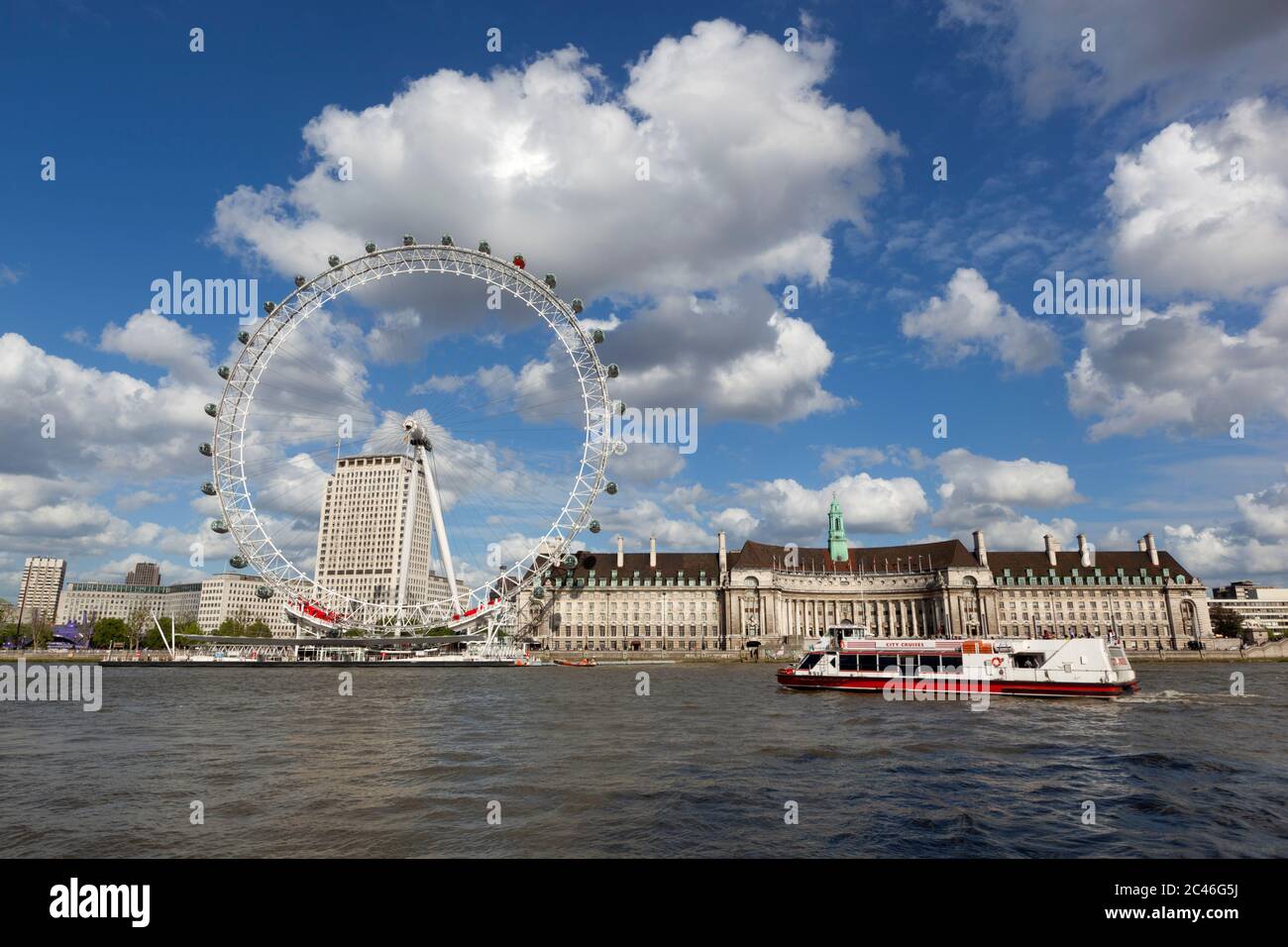 The London Eye and County Hall on South Bank of River Thames, London, England, United Kingdom, Europe Stock Photo